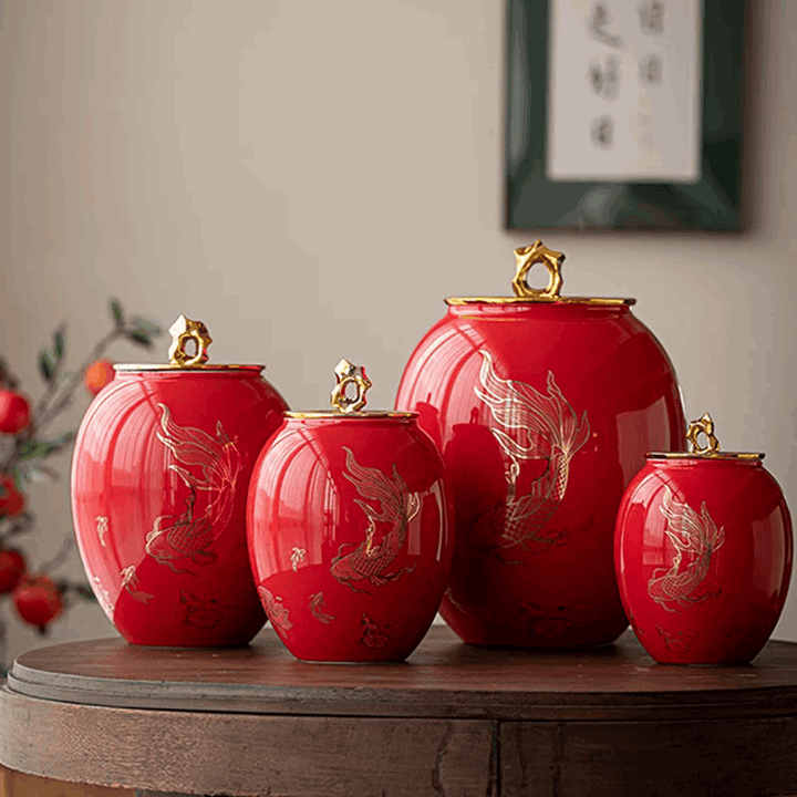 Red Large Porcelain Urn | Golden Koi Urn for Ashes