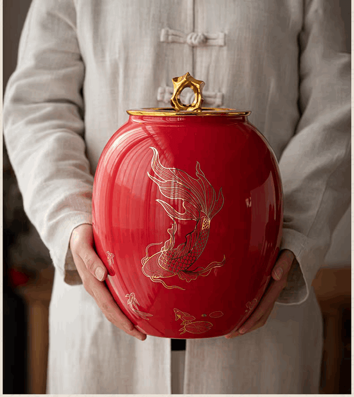 Red Large Porcelain Urn | Golden Koi Urn for Ashes