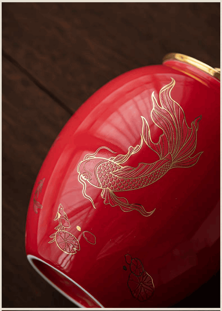 Red Large Porcelain Urn | Golden Koi Urn for Ashes