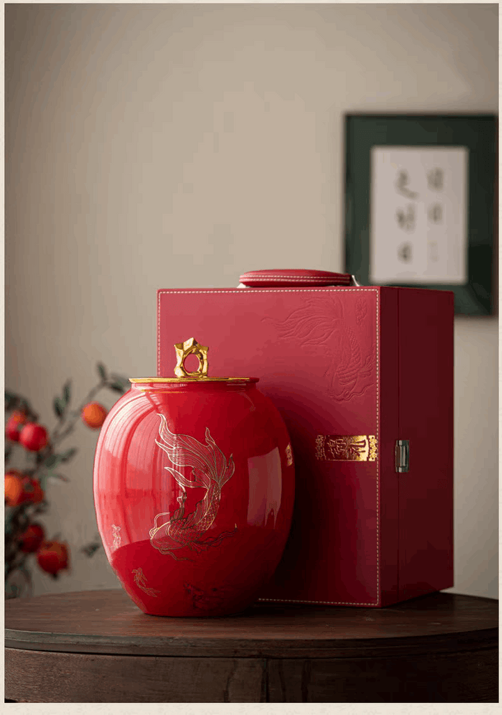 Red Large Porcelain Urn | Golden Koi Urn for Ashes