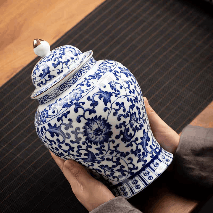 Blue lotus-pattern Chinese Ceramic Urn