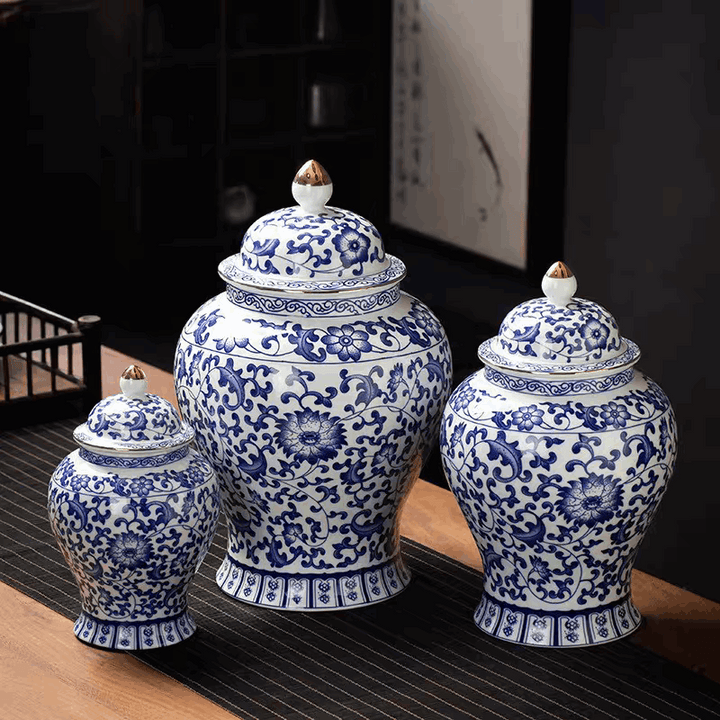 Blue lotus-pattern Chinese Ceramic Urn