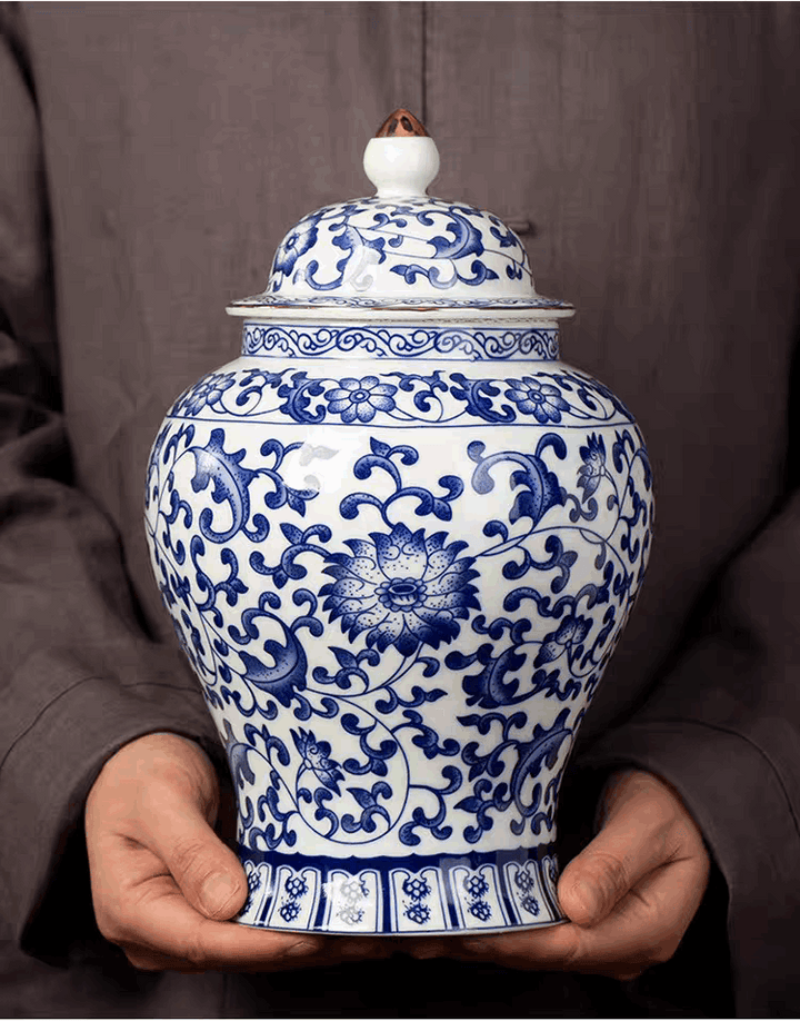 Blue lotus-pattern Chinese Ceramic Urn