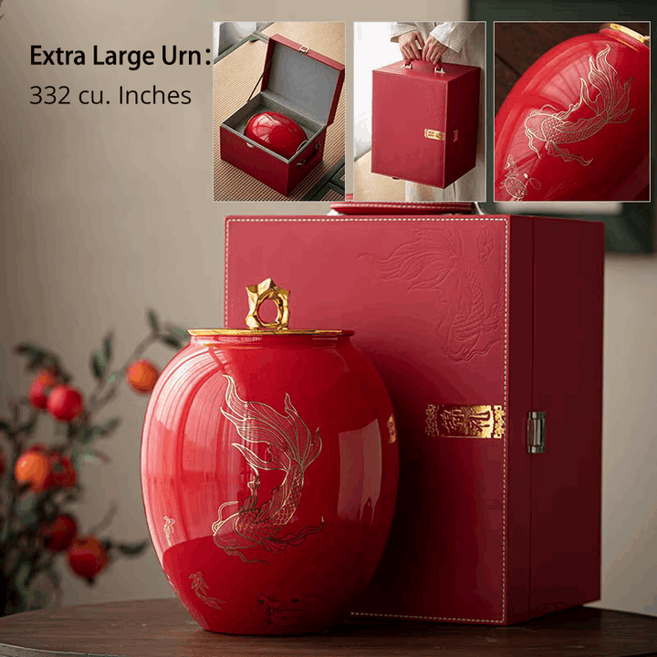 Red Large Porcelain Urn | Golden Koi Urn for Ashes