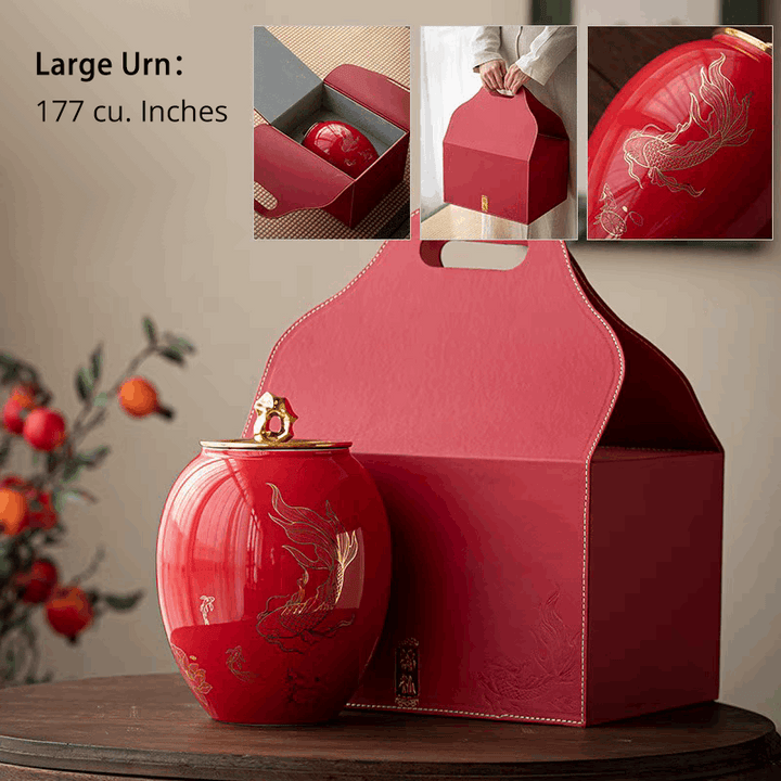 Red Large Porcelain Urn | Golden Koi Urn for Ashes