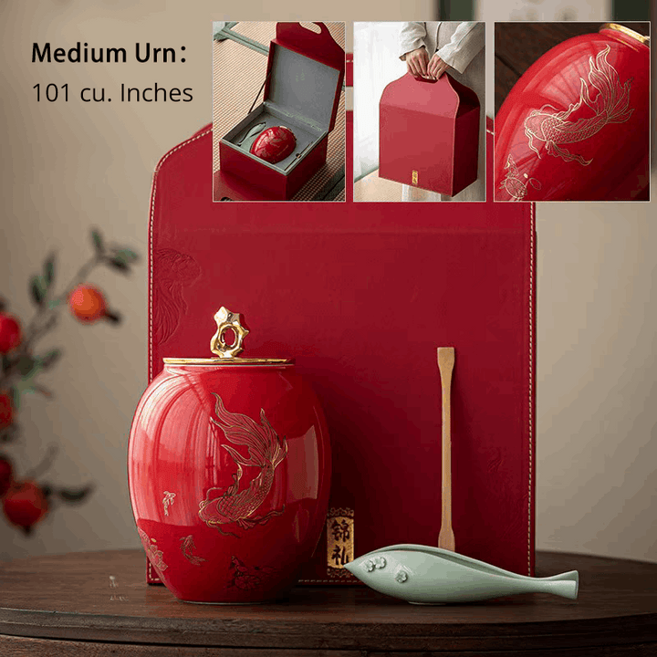 Red Large Porcelain Urn | Golden Koi Urn for Ashes
