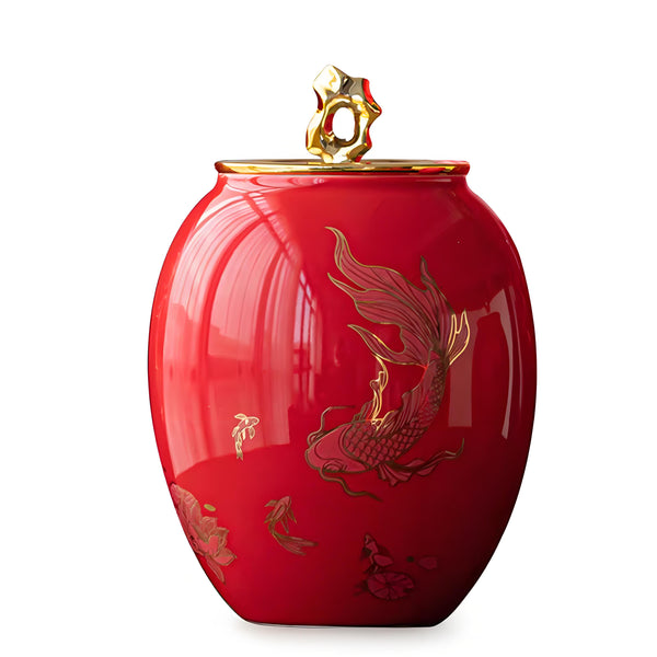 Oriental Art Urns For Ashes | Red Large Porcelain Urn | Golden Koi Urn | Cremation Memorial Urn