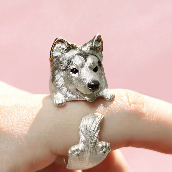 Cadeau personnalisé pour femme : une bague husky en argent faite main | Cadeau commémoratif pour chien