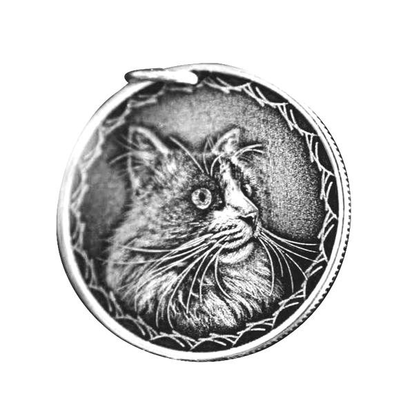 Circular emblem with a detailed illustration of a cat's face on a white background