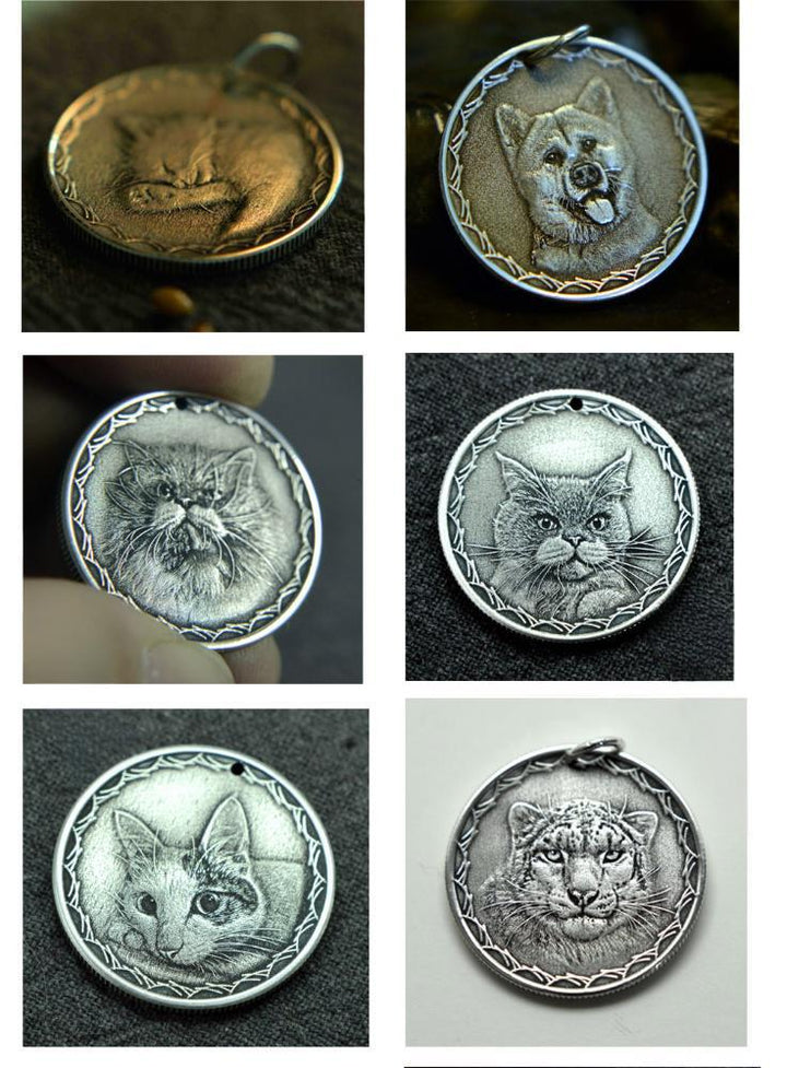 Collection of animal-themed pendants including a cat, dog, and snow leopard on metallic backgrounds.